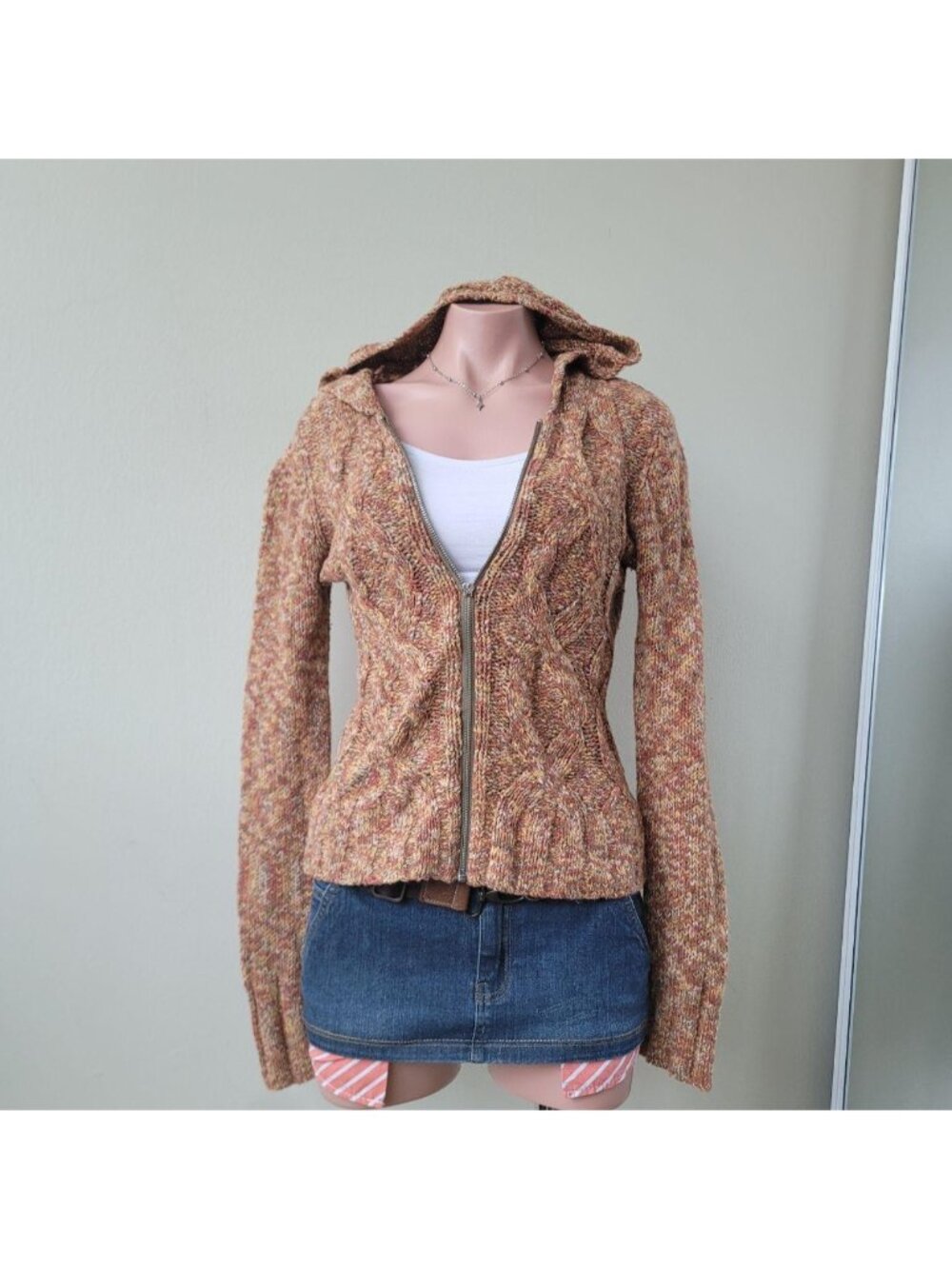 Jacob Connexion Tangerine Cable Knit Slim Structural Zip Up Hoodie (M)